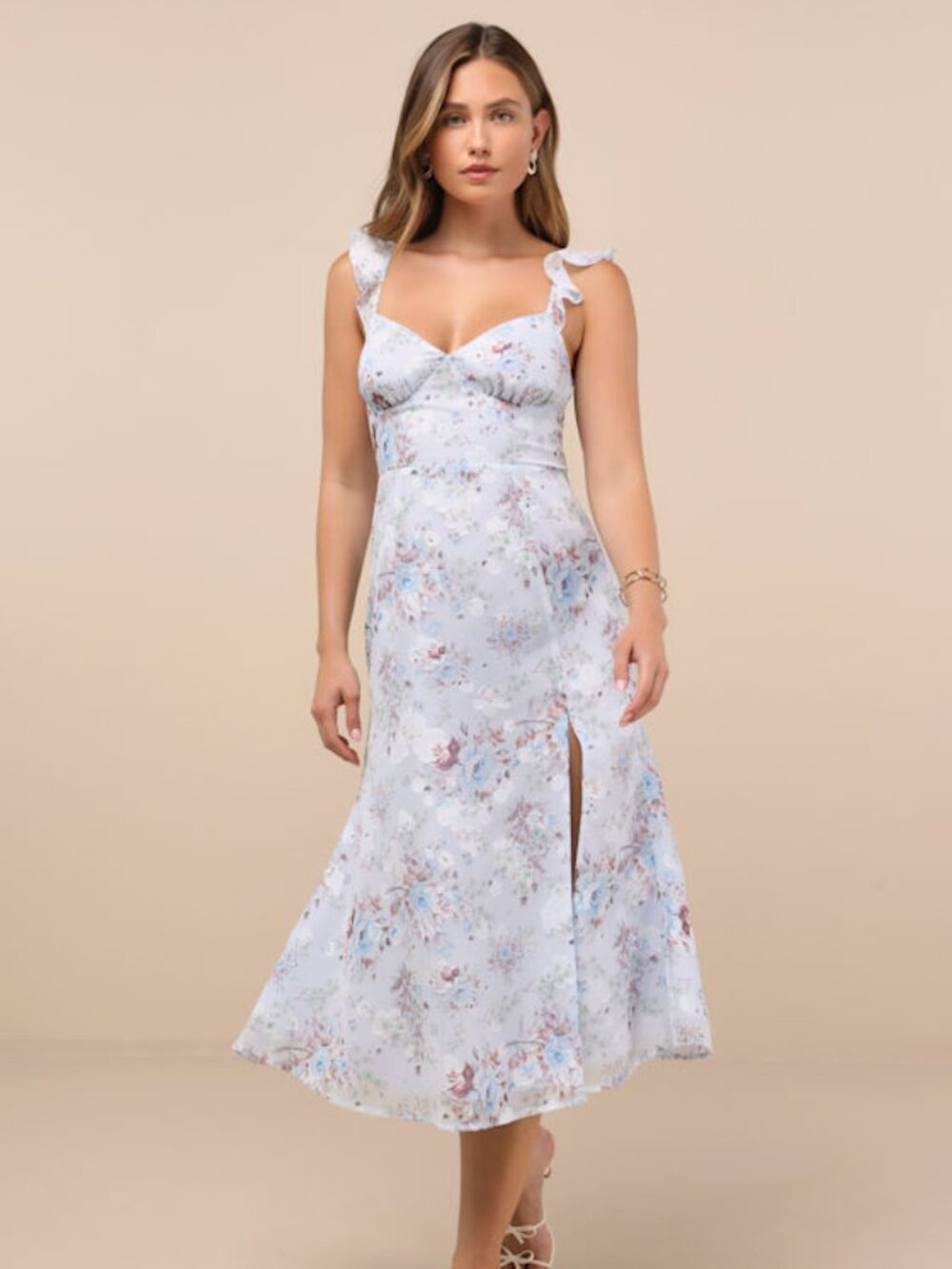 Lulus Delightful Direction Blue Floral Ruffled Tie-strap Midi Dress - Size XL